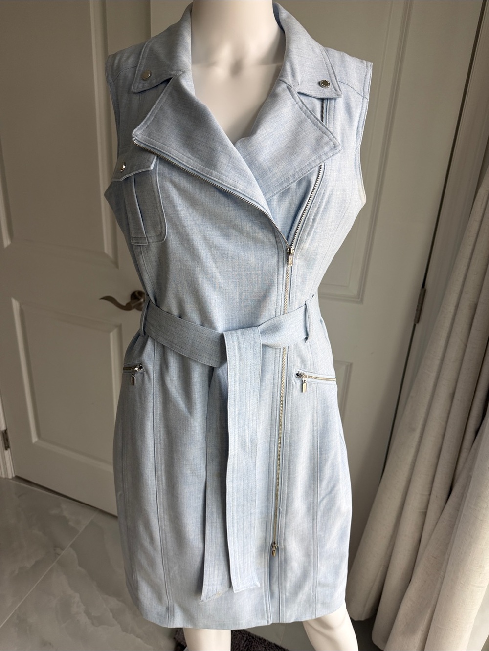 Calvin Klein Light Blue Sleeveless Zip-Belt Dress